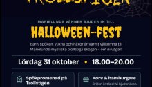 Inbjudan till Halloweenfirande för barn och unga i Marielund 31 oktober 2026.