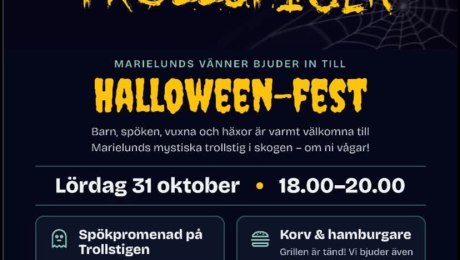 Inbjudan till Halloweenfirande för barn och unga i Marielund 31 oktober 2026.