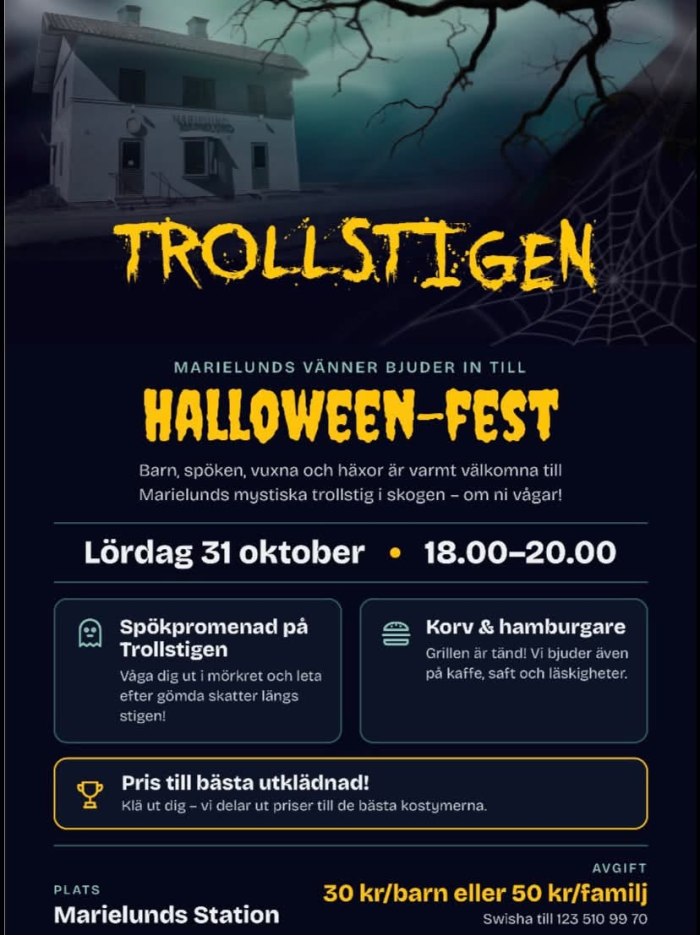 Inbjudan till Halloweenfirande för barn och unga i Marielund 31 oktober 2026.